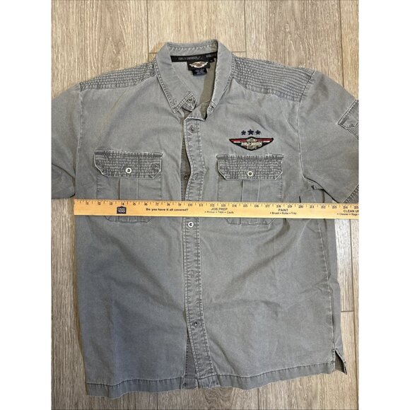 Mens Harley Davidson Gray Embroidered Patched Military Top Gun Button Shirt L - Picture 12 of 12